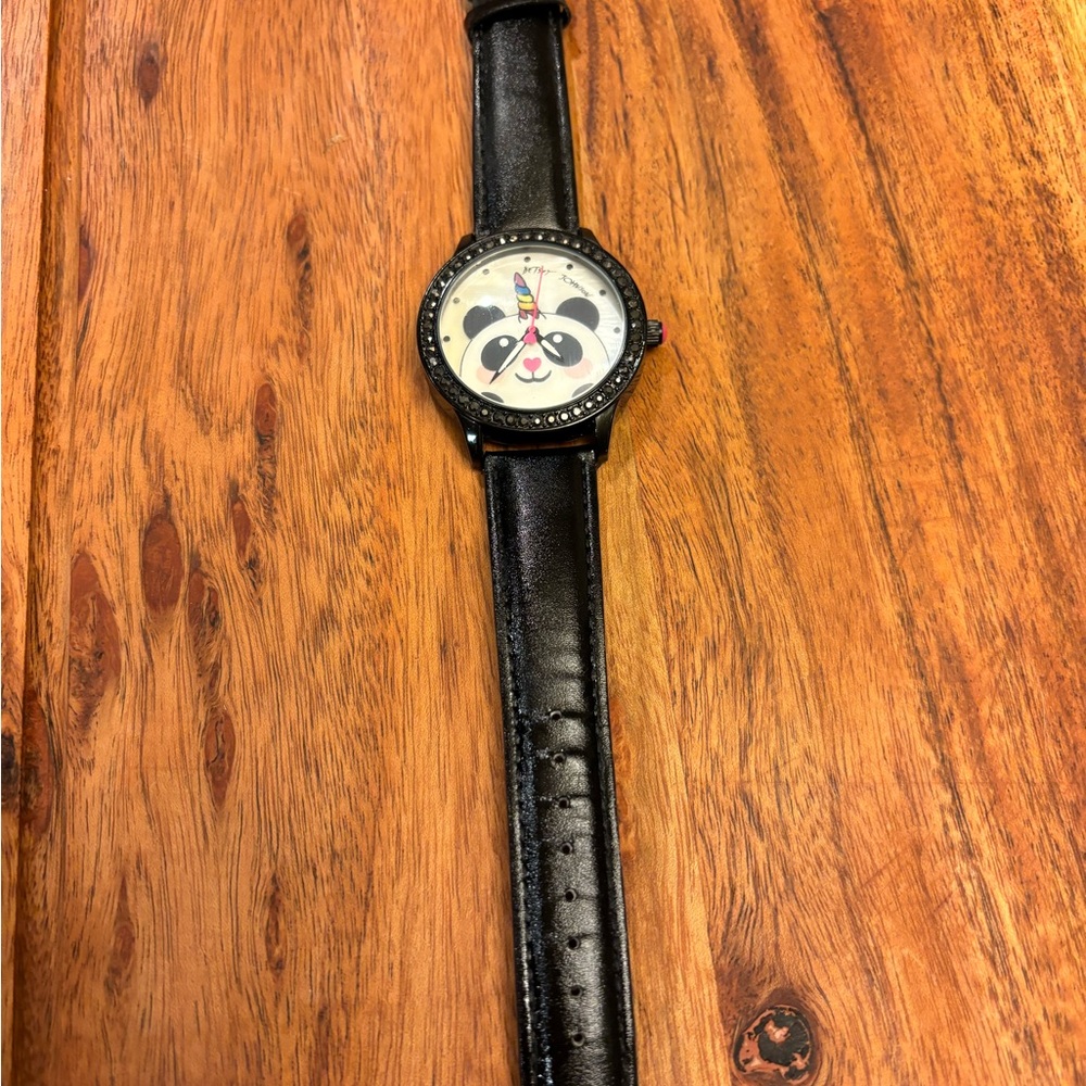 Betsey Johnson Panda Unicorn Watch Black Crystal Bezel Polyurethane Band Ladies - Picture 2 of 7